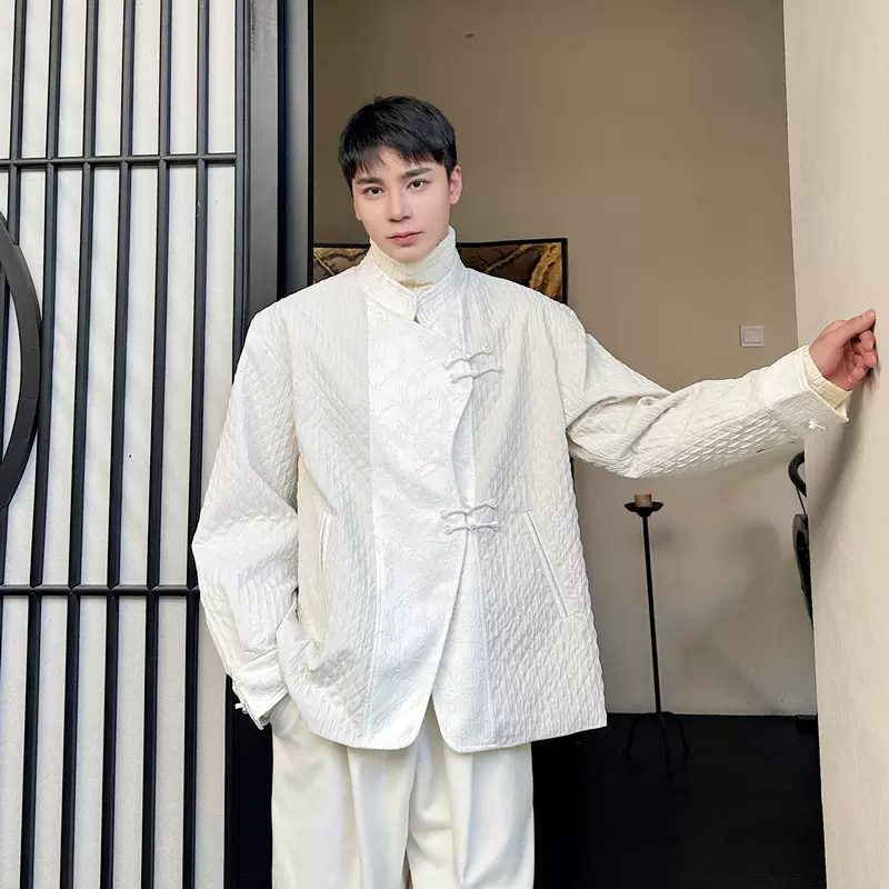 新中式男装立领白色中山装男高级感西服外套男女肌理国风盘扣上衣