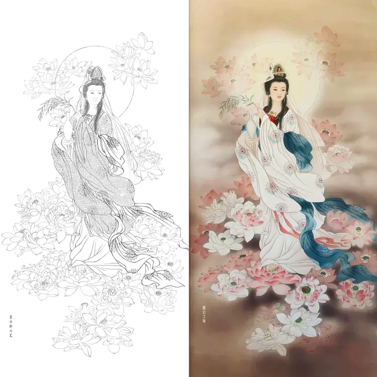 墨云工笔佛像作品《一叶观音》底稿线描稿