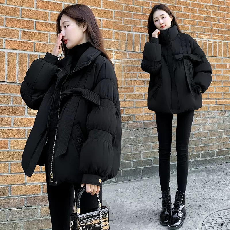 2024新款女装冬季宽松短款羽绒服女小个子黑色显瘦蝴蝶结立领