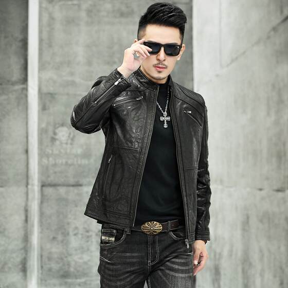 
Leather jacket for men's genuine leather calfskin retro style autumn and winter zipper stand collar casual animal pattern youth short suit