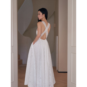 
Lace cross-waisted backless dress for women pure white embroidered suspender seaside vacation style long skirt