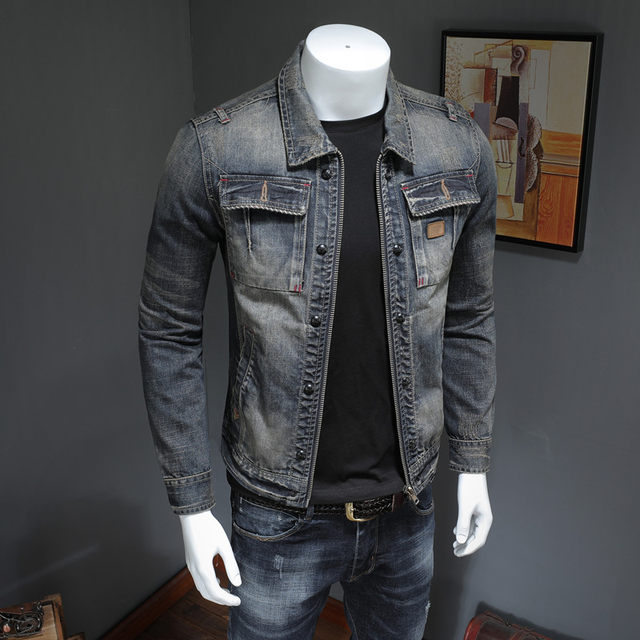 High-end lapel motorcycle denim jacket, personalized retro slim fashion ...