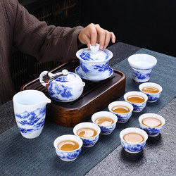 Jingdezhen Blue and White Porcelain Landscape Kung Fu Tea Set Complete Set of Ceramic Household Teapot and Bowl for Living Room, Office, and Entertaining Guests in Chinese Style