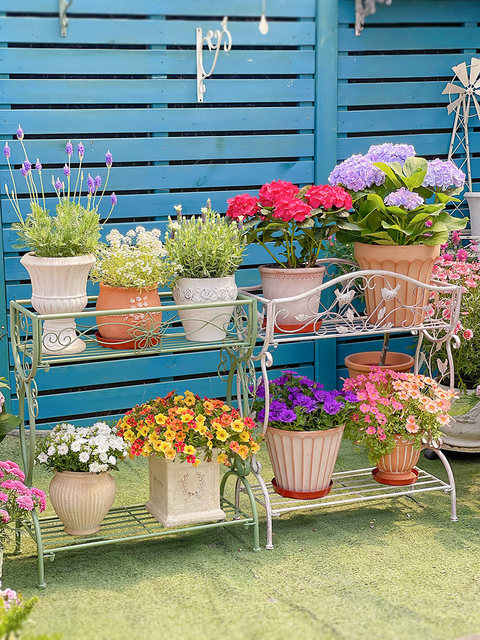 European-style iron square arch double-layer flower stand, balcony ...