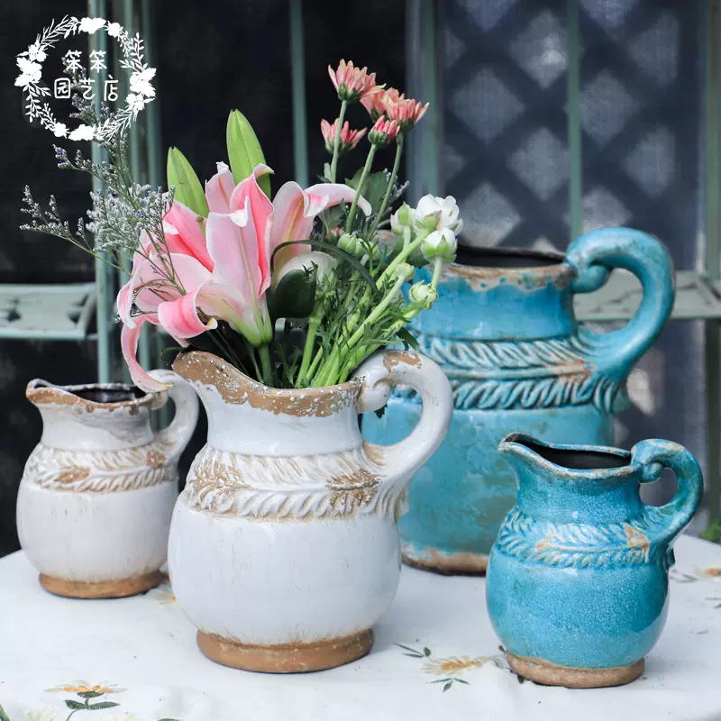 彩釉复古做旧橄榄叶奶壶花瓶种花花盆家居客厅插花