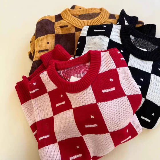 
Bedoha Autumn and Winter Women's and Men's Sweaters Plaid Sweaters Round Neck Pullovers Versatile Casual Tops and Sweaters