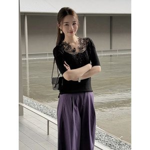 
Qiu Yingying 'embossed collar Yangtze' 100% sheep wool Yangtze lace sweater
