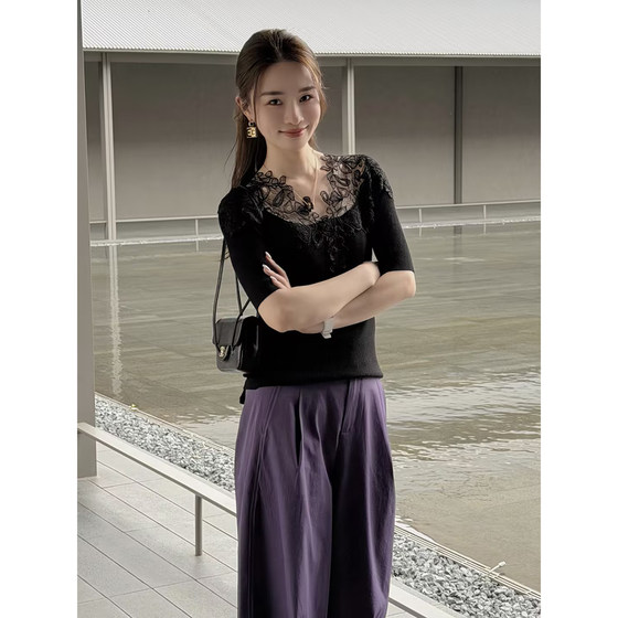 
Qiu Yingying 'embossed collar Yangtze' 100% sheep wool Yangtze lace sweater
