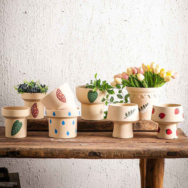 Clay flower pots, orchids and green plant flower pots, high-end breathing stoneware pots, creative simple and breathable home hand-painted flower pots
