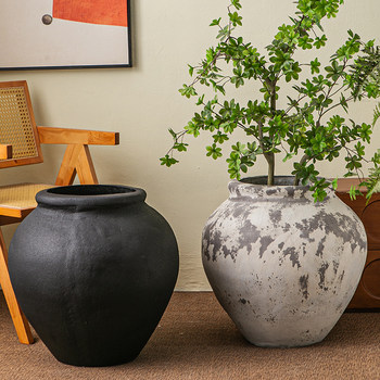 Retro flower pot bottle vintage earthenware jar magnesium mud flower pot flower pot flower pot B&B Wasabi wind black diamond floor decoration ornament
