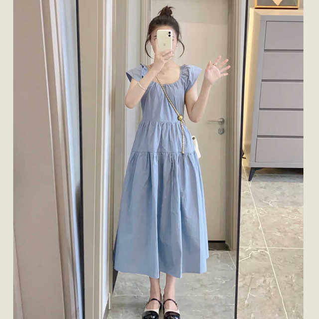 French square neck small flying sleeves loose high waist slim dress for women summer blue gentle style fairy skirt
