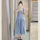 French square neck small flying sleeves loose high waist slim dress for women summer blue gentle style fairy skirt