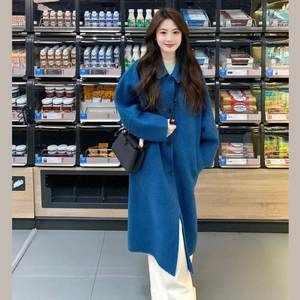 Klein Blue Women's New Winter Woolen Jacket Mid-length Single Bretted Loose Korean Style Small Woolen Coat
