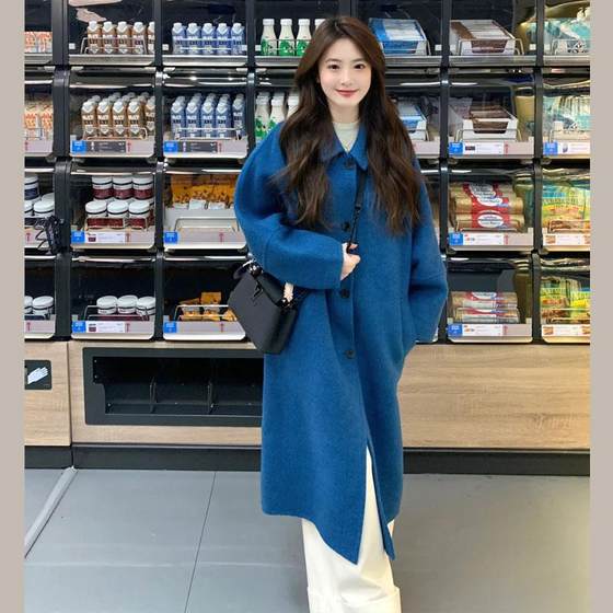 Klein Blue Women's New Winter Woolen Jacket Mid-length Single Bretted Loose Korean Style Small Woolen Coat
