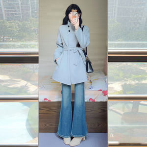 
Lazy style strap-up wool coat for women's new winter blue waist-closing small mid-length wool coat