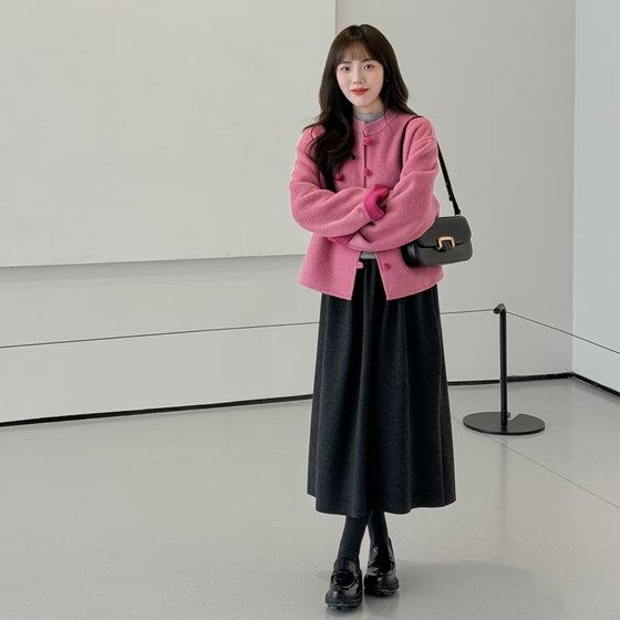 
New Chinese style national style pink woolen coat for women autumn and winter Korean style small fashion versatile contrasting color woolen coat