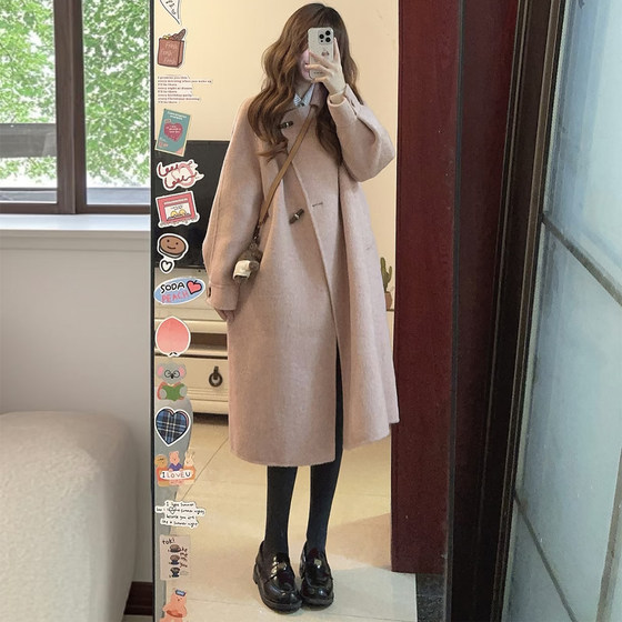
Gentle style silhouette pink woolen coat for women autumn and winter Korean style mid-length high-end woolen coat for small people