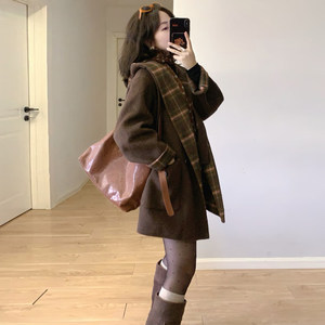 
Retro plaid contrast color woolen coat for women petite medium-length Hepburn style high-end British style woolen coat