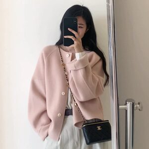 Gentle Wind pink woolen woolen coat female spring and autumn new high -level high -end sense small, loose, thin short woolen coat