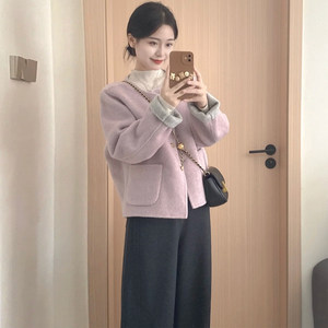 
Gentle style pink gray short woolen coat for women autumn and winter new Korean style small casual versatile woolen coat