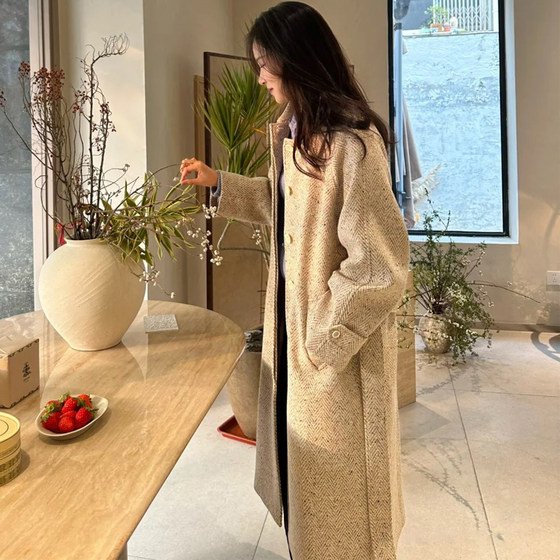 
New winter style Korean style loose lace-up woolen coat for women with small high-end wool coat mid-length