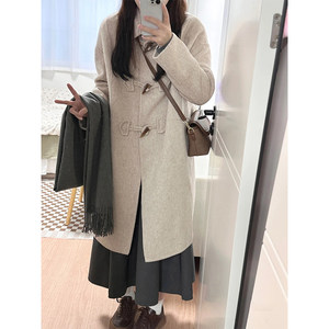 High quality cowhide button woolen coat for women's autumn and winter wear, new Korean version of small and medium length loose woolen coat