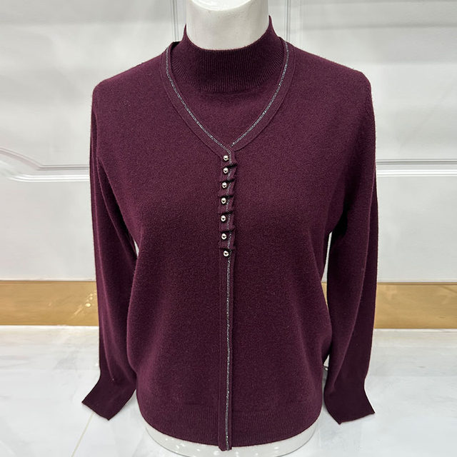 Mother's cardigan sweater winter half turtleneck bottoming knitted top middle-aged and elderly fashion women's red cashmere sweater