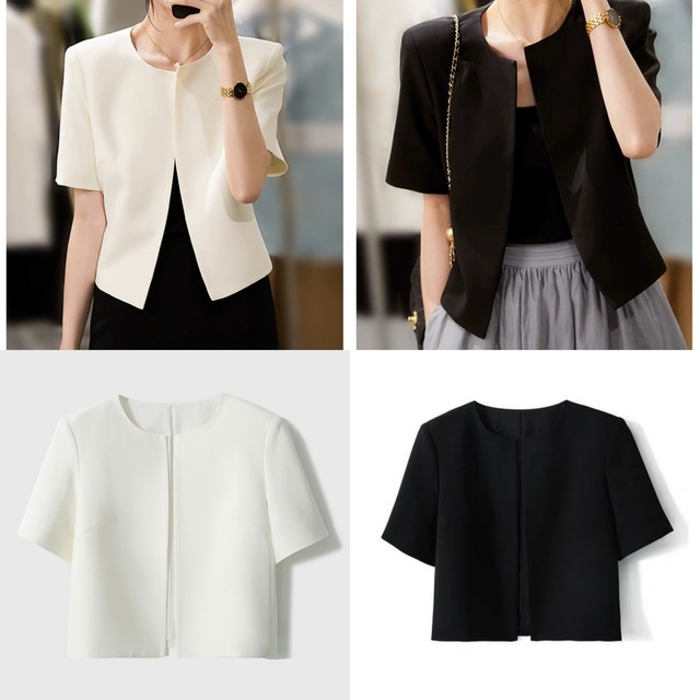 Designed buttonless round neck short-sleeved black coat for women ...