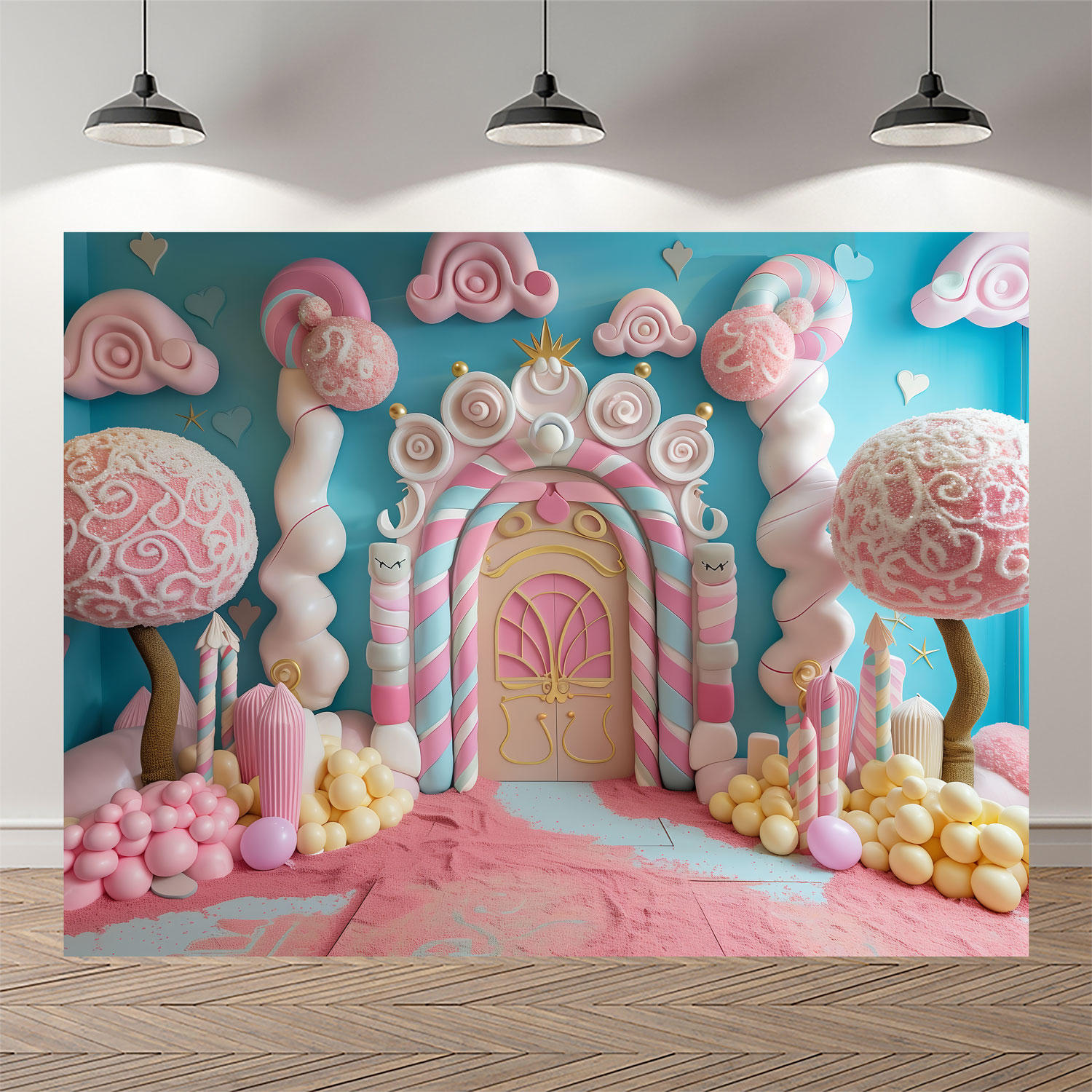 糖果屋粉色城堡公主童话生日布置甜品台装饰拍照背景海报装饰挂布
