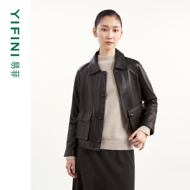 [Same style in the mall] Yifini/Yifei loose short fashionable high-end leather jacket for women versatile coats for women in winter new