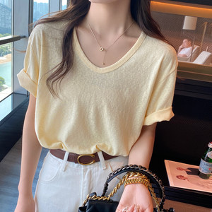 
Cotton and linen right shoulder short-sleeved T-shirt for women yellow V-neck loose ice silk T-shirt 2026 spring and summer large size bamboo cotton top