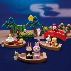 Mid-Autumn Festival Japanese-Style Cat Zakka Mooncake Pine Full Moon Boat Fence Bridge Decoration Desktop Gift Small Ornament