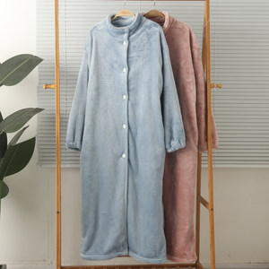 Foreign trade women's thickened flannel coral velvet neck guard open-fitting long-sleeved home nightgown nightgown warm large size winter