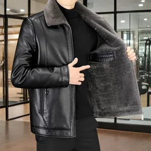 
Leather jacket men's lapel plus velvet thickened cold-proof and warm middle-aged and elderly autumn and winter short men's leather jacket winter coat