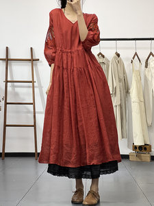
Summer ethnic style retro simple French hollow long skirt embroidered V-neck ramie dress for women with high waist comfortable