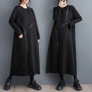 Discount autumn style black lazy style over-knee long skirt loose contrasting color rear zipper fashionable design A-line skirt round collar black