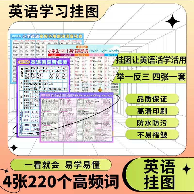 超凡英语挂图4张2个高频词sight Words英语国际音标表