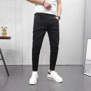 
Pure black stretch jeans for men, slim fit, velvet nine-point pants, fashionable trendy brand, versatile, slimming trendy brand