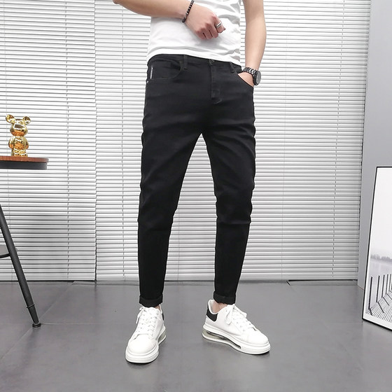
Pure black stretch jeans for men, slim fit, velvet nine-point pants, fashionable trendy brand, versatile, slimming trendy brand