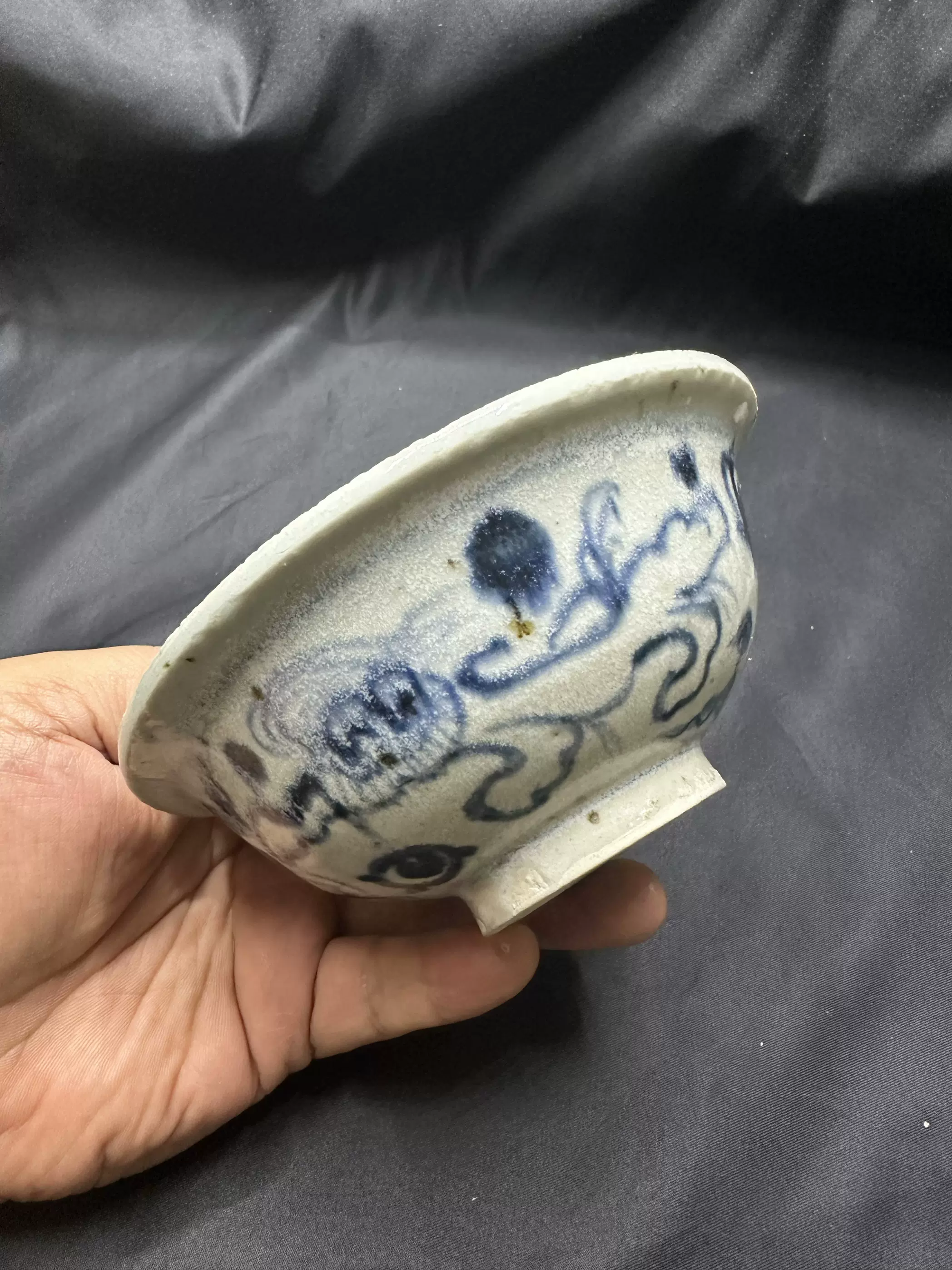 明代中早期缠技花卉青花碗古瓷器瓷片标本