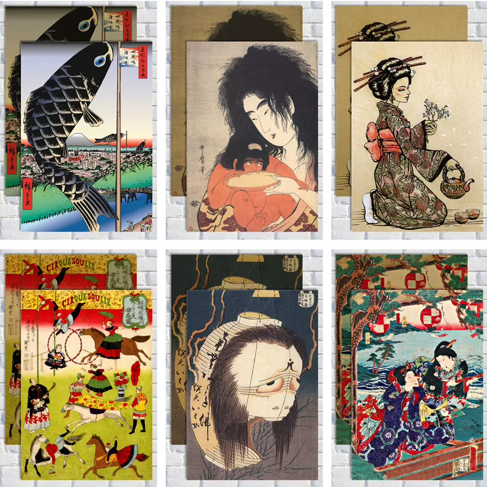 日本浮世繪牛皮紙海報裝飾畫芯壽司料理風景武士仕女掛畫壁畫