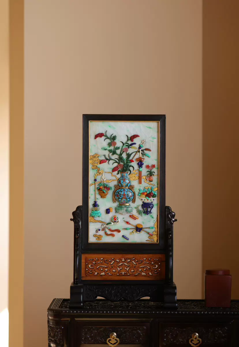高評価人気『清・紅木彫・瓷板畫竹子図屏風・置物』極細工・古賞物・中国古玩・中国古美術 その他