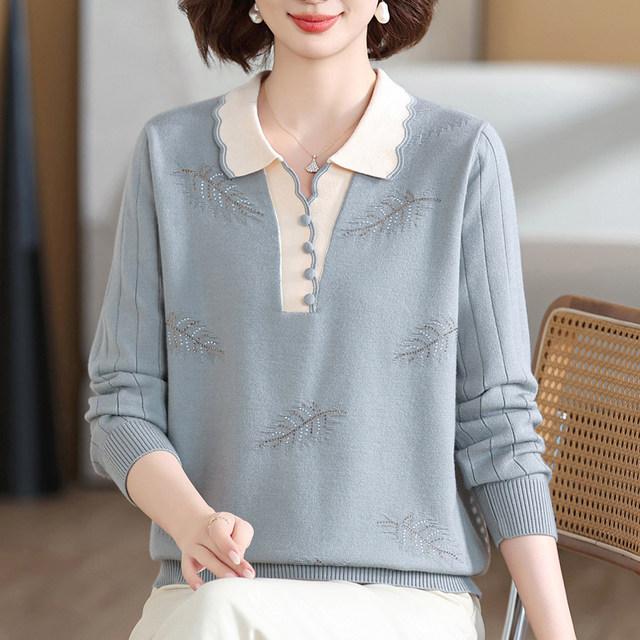 Western style mom cashmere sweater autumn and winter tops plus fat plus size middle-aged and elderly loose lapel all-in-one velvet bottoming shirt for women