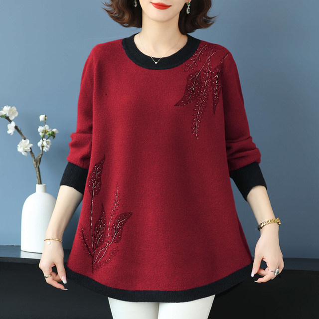 Large size women's clothing 200Jin [Jin equals 0.5kg] Western-style cashmere bottoming sweater for middle-aged and elderly mothers, winter plus fat mid-length belly-covering thick sweater