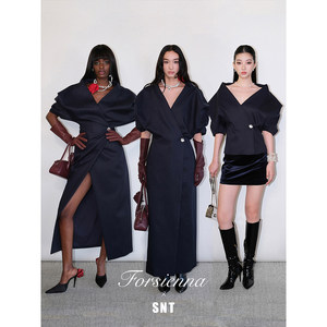 
SNT elegant and fashionable navy blue large V-neck short/extra long windbreaker jacket