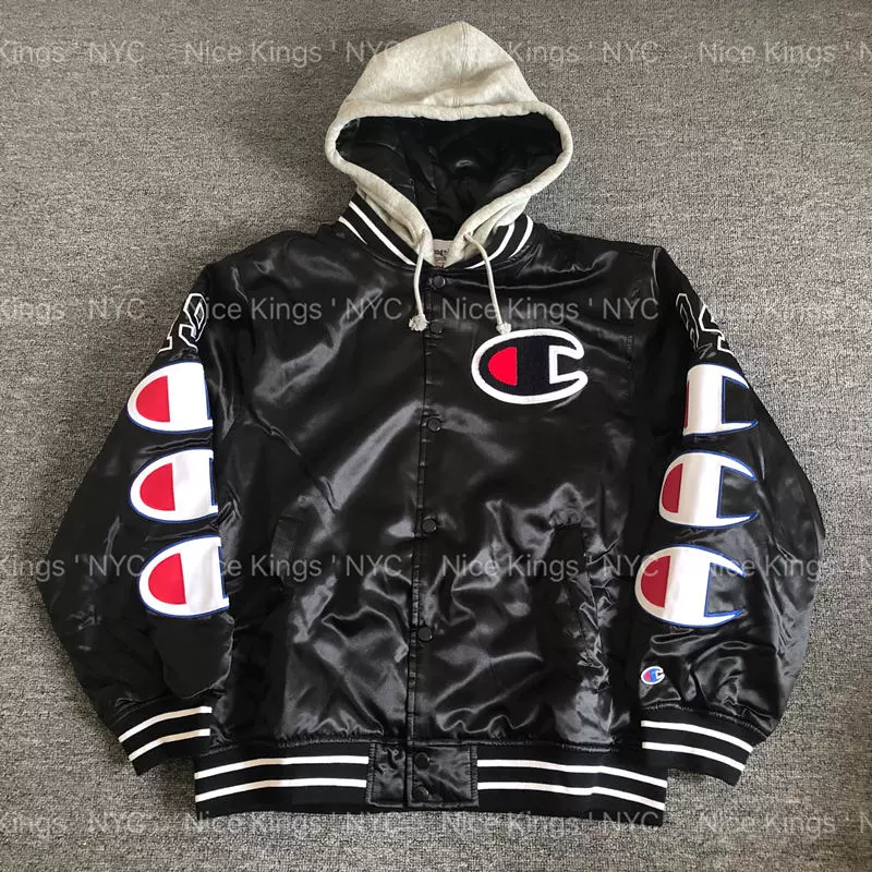 已出】Supreme 18FW Champion Hooded Satin Varsity Jacket 夹克-Taobao