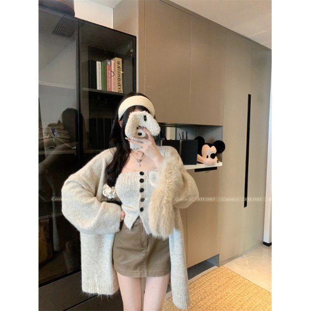Korean style lazy style sweater jacket for women autumn tube top vest two-piece set super nice loose knitted cardigan top