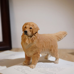 Handmade Wooden Carving Small Figurine of a Large Golden Retriever, Realistic Premium Puppy Animal Desktop Decoration