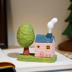 Handmade Wooden Carving Small Ornaments for Stress Relief and Healing, Green Tree House Creative Desktop Decorations Gift
