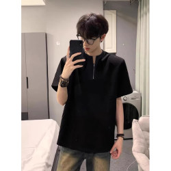 Men's Short-Sleeve T-Shirt, Cotton, 2026 New Style, American Half-Zip, Summer Youth Top, Regular Shoulder, Slim Fit, Plus Size